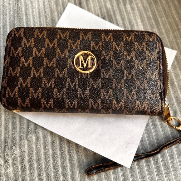 Monogram Wristlet Wallet Brown Gold Tone Hardware Zip Around Clutch - Picture 1 of 2